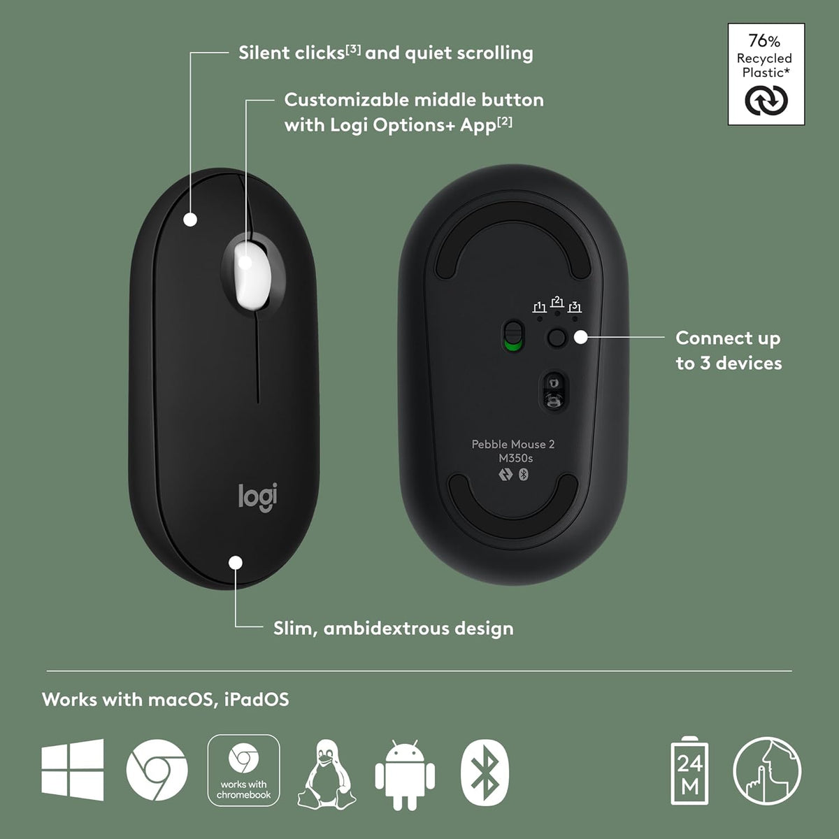 Logitech Pebble Mouse 2 M350s Slim Bluetooth Wireless Mouse, Portable, Lightweight, Customizable Button, Quiet Clicks, Easy-Switch for Windows, macOS, iPadOS, Android, Chrome OS - Black - PuriLite