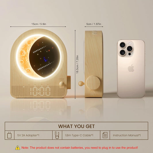 Sunrise Alarm Clock Wake Up Light – Dual Alarm Moon Lamp with Meteor Night Light – Stepless Dimmable Touch Bedside Lamp with White Noise Timer - PuriLite