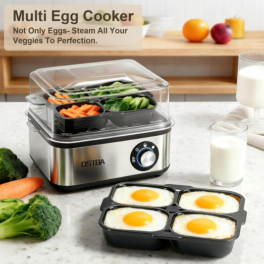 OSTBA 500W Electric Egg Cooker – 8 Egg Capacity – Auto Shut-Off & Buzzer – Stainless Steel Egg Steamer – Hard Boiled, Soft, Medium & Poached Eggs - PuriLite