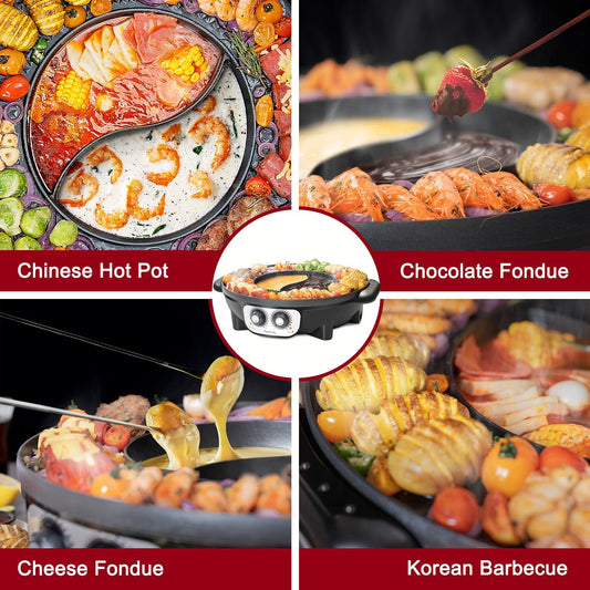 Food Party 2-in-1 Electric Hot Pot & BBQ Grill – Smokeless Indoor Korean BBQ Grill with Dual-Sided Shabu Shabu Hot Pot Divider – 1700W Large Fondue Cooker - PuriLite