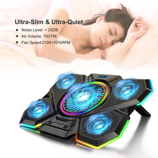 Laptop Cooling Pad, Gaming Laptop Cooler with 5 Quiet Fans and LED Lights (One-Click Close), Laptop Fan Cooling Pad Fits 12-17 Inch Laptop, 7 Adjustable Height - PuriLite