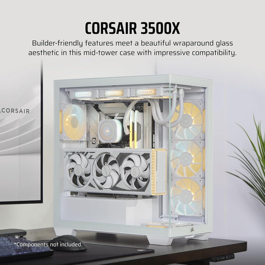 CORSAIR 3500X Mid-Tower ATX PC Case – Panoramic Tempered Glass – Reverse Connection Motherboard Compatible – No Fans Included – White - PuriLite