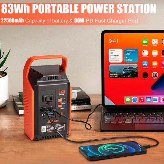 Takki 83Wh Portable Power Station Camping Solar Power Bank Generator with 110V 80W AC Outlet Type-C USB Port and Camping Flashlight for Home Use Emergency Battery Backup - PuriLite