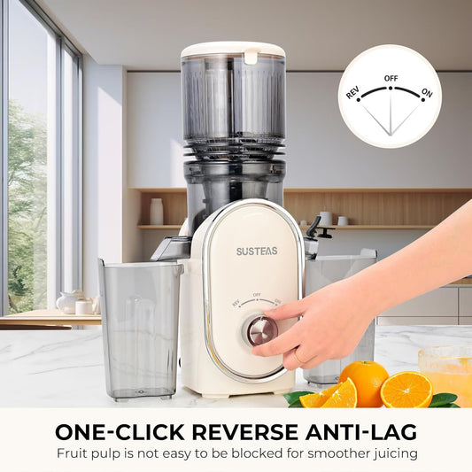 SUSTEAS Cold Press Juicer, 5.3" Feed Chute Slow Masticating Machines with 300W, Fit Whole Fruits & Vegetables, Easy to Clean, High Juice Yield, White - PuriLite