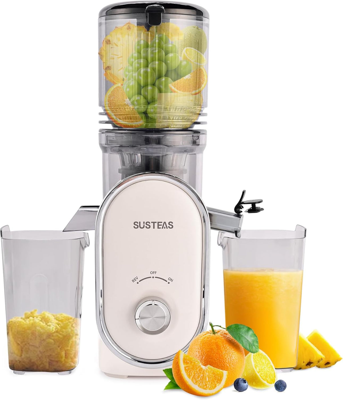 SUSTEAS Cold Press Juicer, 5.3" Feed Chute Slow Masticating Machines with 300W, Fit Whole Fruits & Vegetables, Easy to Clean, High Juice Yield, White - PuriLite