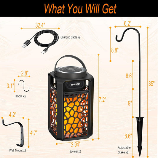 Outdoor Bluetooth Speakers – 10W TWS LED Flame Tiki Torch Lantern – Waterproof Wireless Portable Stereo Speaker – Wall Mount Hook Ground Stake Patio Yard Speaker - PuriLite