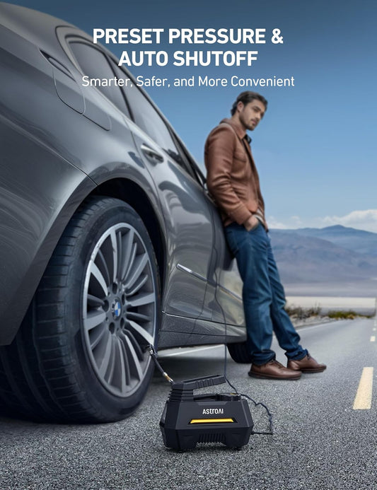 AstroAI Tire Inflator Portable Air Compressor Tire Air Pump for Car Tires - Car Accessories, 12V DC Auto Pump with Digital Pressure Gauge, Emergency LED Light for Bicycle, Balloons, Yellow - PuriLite