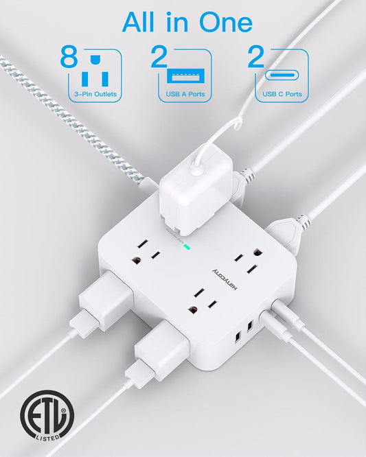 Surge Protector Power Bar with USB-C, 8 Outlet Power Strip with 4 USB Ports, Flat Plug and Braided Extension Cord, Wall Mount Desk Charging Station for Home Office and Dorm - PuriLite