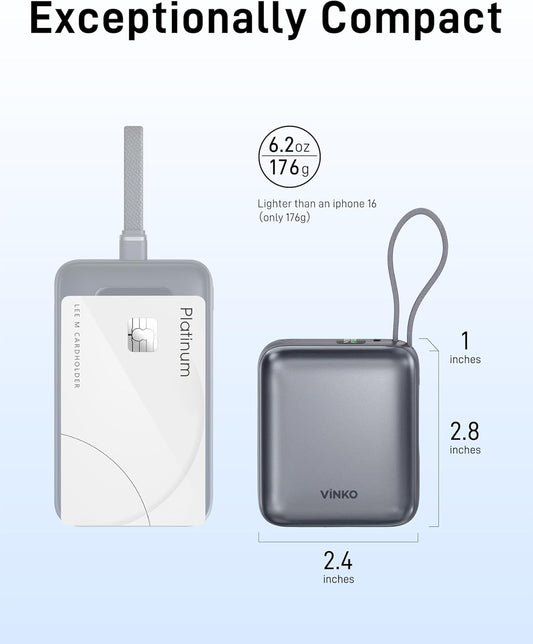 Small Portable Charger, 22.5W Fast Charging Mini Power Bank 10000mAh with Built-in Cables LED Display, Travel Essential USB-C Battery Pack Compatible with iPhone,Samsung,Android (Gray) - PuriLite