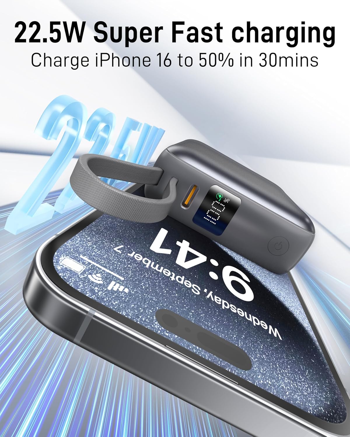 Small Portable Charger, 22.5W Fast Charging Mini Power Bank 10000mAh with Built-in Cables LED Display, Travel Essential USB-C Battery Pack Compatible with iPhone,Samsung,Android (Gray) - PuriLite