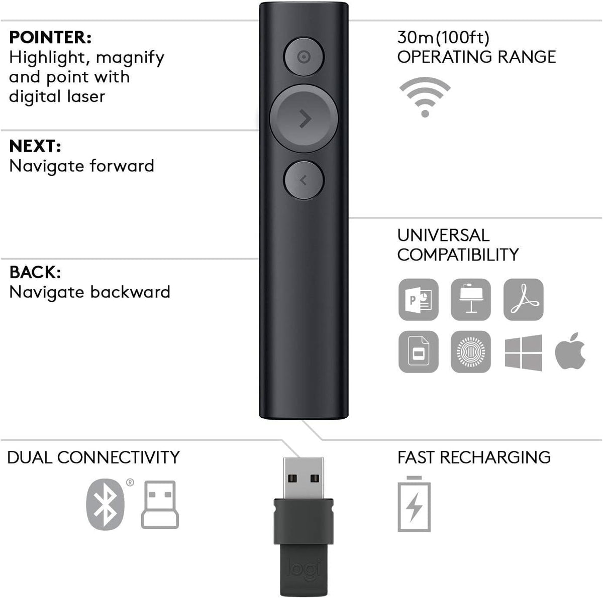 Logitech Spotlight Presentation Remote - Universal Wireless Presentation Clicker with Laser Pointer, Advanced Digital Highlighting, Bluetooth, 30 m Range and Quick Charging - Silver - PuriLite