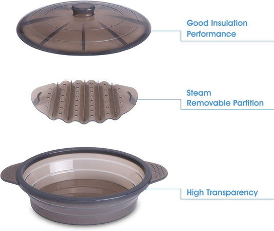 Microwave Steamer Cooker Collapsible Bowl-Silicone Steamer Cookware with Handle Lid for Vegetables Fish Prep Meal Food with Removable Rack BPA Free, Easy to Store, Freezer & Dishwasher Safe - PuriLite