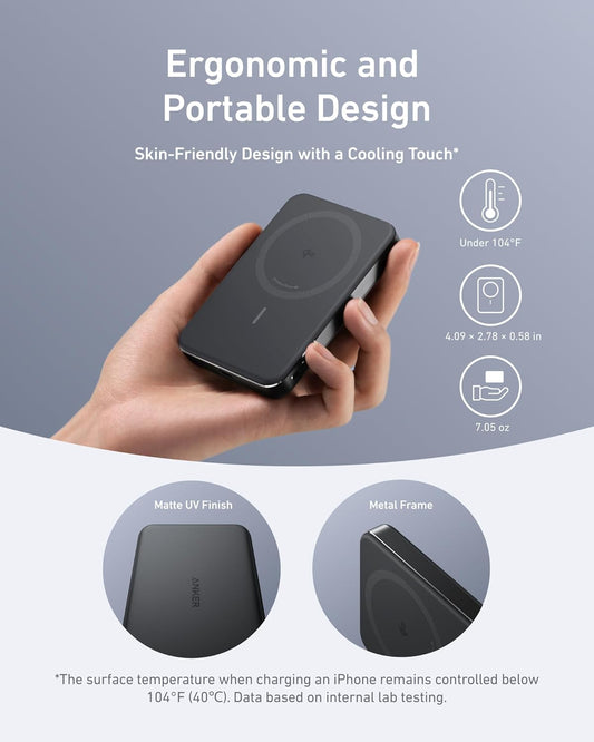 Anker MagGo Power Bank, Ultra Slim 10000mAh Magnetic Battery Pack, Qi2 Certified, Portable, 15W Ultra Fast MagSafe Compatible Charger, Ergonomic Design, Only for iPhone 15/14/13/12 - PuriLite