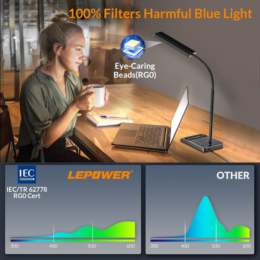 LEPOWER Upgrade LED Desk Lamp, 800LM Bright Table Lamps for Home Office, Eye-Caring Reading Lights for Desk, Touch Control Gooseneck Lamp, 50 Lighting Modes Reading Lamps for Bedroom Office(Black) - PuriLite