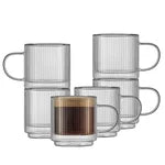 JoyJolt Haven 13.5 oz Fluted Stackable Double Wall Glass Mugs, Set of 6 - PuriLite