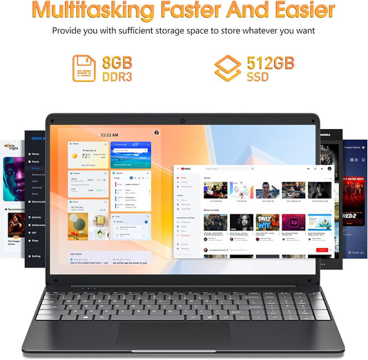 SGIN Laptop, 15.6 Inch Laptops Computer with 8GB DDR3 512GB SSD I3 Processor, Windows 11 Home, HDMI, Wi-Fi 5, 7000mAh, Numeric Keypad, USB3.0, Bluetooth4.2, Type-C(Black) - PuriLite