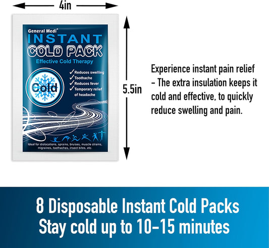 General Medi Instant Ice Cold Pack (4”x 5.5”) – 8 Packs Disposable Cold Therapy Ice Packs for Pain Relief, Swelling, Inflammation, Sprains, Toothache – for Athletes & Outdoor Activities - PuriLite
