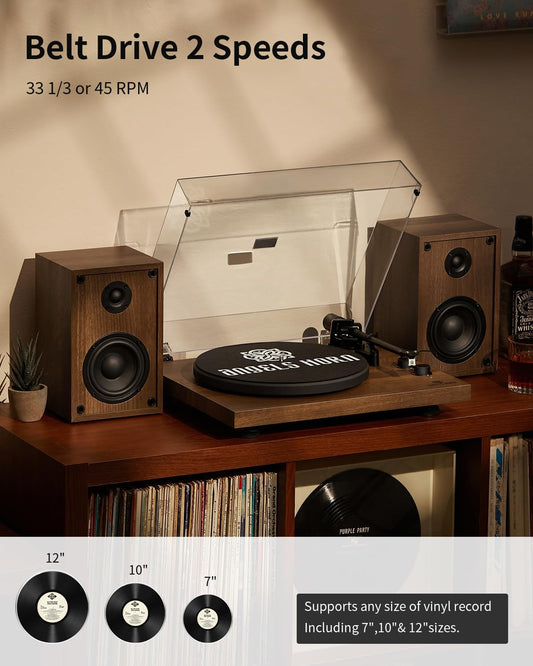 ANGELS HORN Vinyl Record Player, Hi-Fi System Bluetooth Turntable Players with Stereo Bookshelf Speakers, Built-in Phono Preamp, Belt Drive 2-Speed, Adjustable Counterweight, AT-3600L - PuriLite