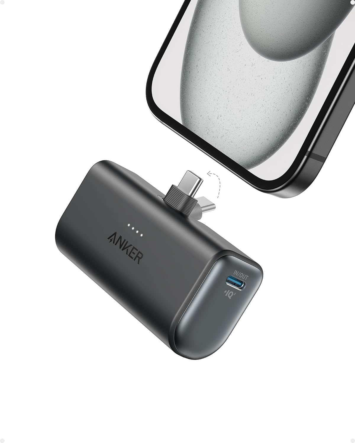 Anker Nano Power Bank with Built-in Foldable USB-C Connector, 5,000mAh Portable Charger 22.5W, for Samsung S22/23 Series, Note20/10 Series, LG, Huawei, iPad Pro/Air, AirPods, and More - PuriLite