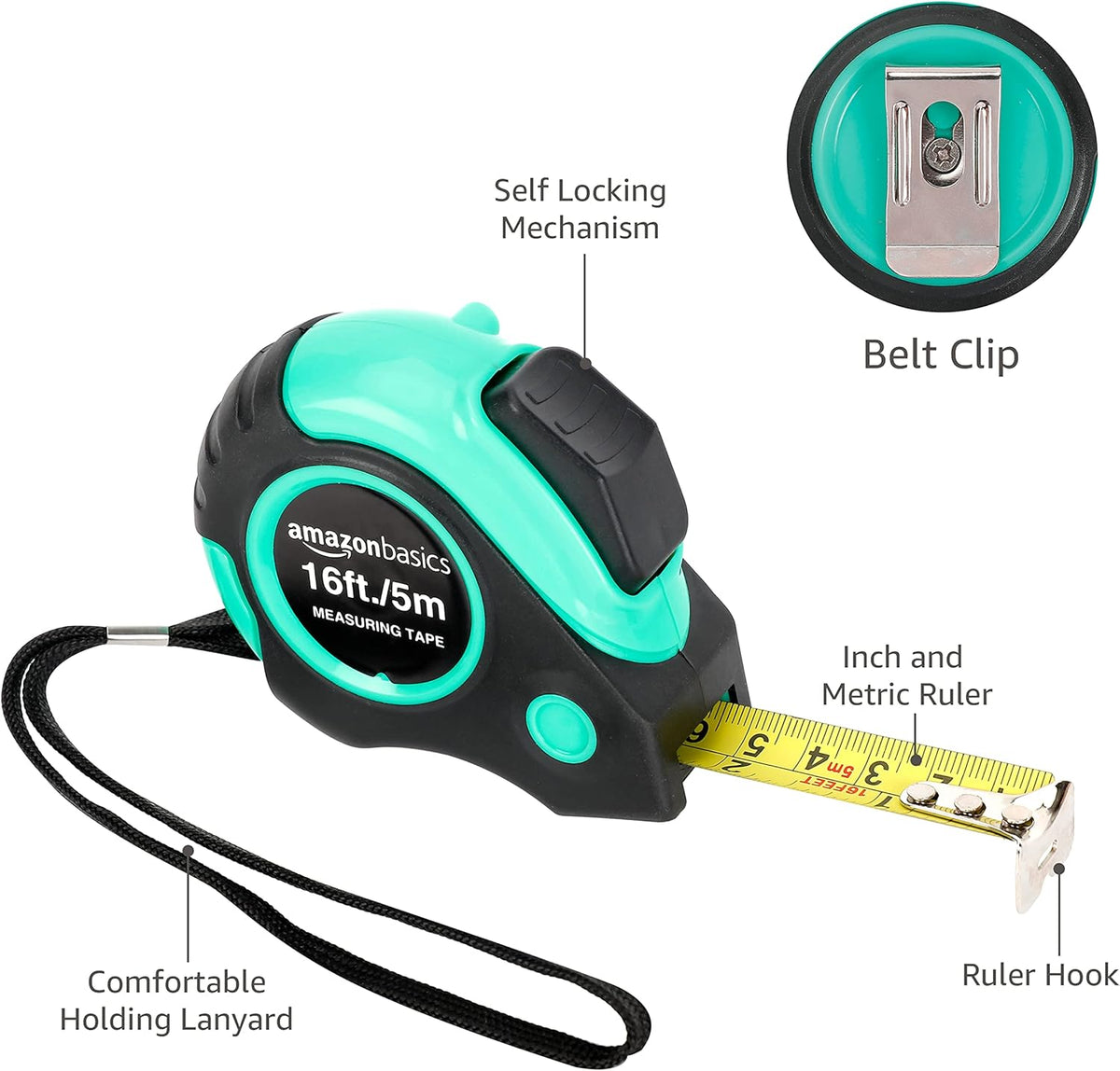 Amazon Basics Tape Measure - 4.88 Meters, Turquoise - PuriLite