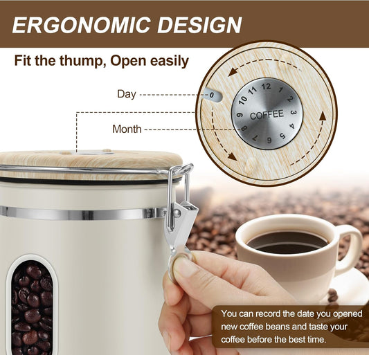 1800ML Airtight Coffee Canister with Date Tracker Transparent Window, 22.8OZ Coffe Beans Storage with 30 ML Measure Spoon&4 co2 Valve, Kitchen Food Storage Container for Ground Coffee,Coffee Beans&Tea - PuriLite
