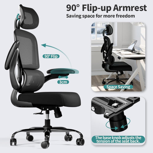 Office Chair Ergonomic Desk Chair, 330 LBS Home Mesh Office Desk Chairs with Wheels, Comfortable Gaming Chair, High Back Office Chair for Long Hours (Black) - PuriLite