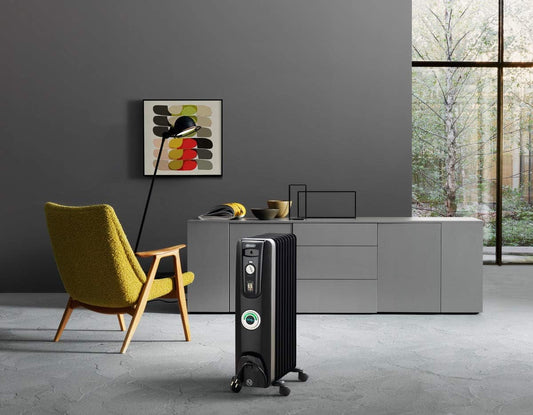 DeLonghi Oil-Filled Radiator Space Heater, Quiet 1500W, Adjustable Thermostat, 3 Heat Settings, Energy Saving, Safety Features, Black, Comfort Temp EW7707CBCA - PuriLite