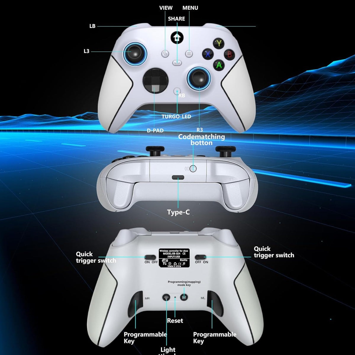 YUYIU Wireless 2.4GHz Controller with 7 Colors RGB Light for Xbox Controller, Xbox One Series X|S,Consoles,Steam PC Windows, with 1000mAh Battery/Dual Vib-ration/Turbo/Programmable, 3.5mm Audio Jack - PuriLite