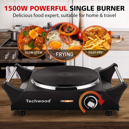 Techwood Hot Plate Portable Electric Stove 1500W Countertop Single Burner with Adjustable Temperature & Stay Cool Handles, 7.5” Cooktop for Dorm Office/Home/Camp, Compatible for All Cookwares - PuriLite
