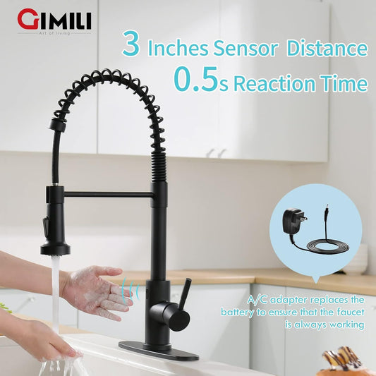 GIMILI Black Touchless Kitchen Faucet with AC Adapter, Smart Motion Sensor Hands Free Single Handle Kitchen Sink Faucet with Pull Down Sprayer, Matte Black - PuriLite