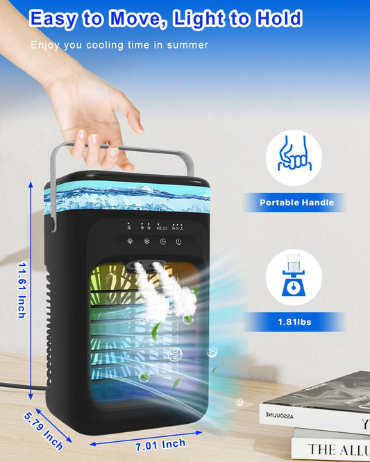 Mecmic Portable Air Conditioner Cooling Fan - 3 Speeds, 2 Mist Modes, 1000mL Water Tank, 7-Color Night Light, 2-4H Timer, Mini Cooling Fan for Bedroom, Office, Camping - PuriLite
