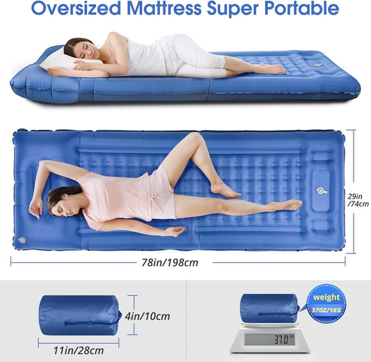 Camping Sleeping Pads,Extra Thick 5 Inch Inflatable Sleeping Mat with Pillow Built-in Pump,Oversized Mattress Super Portable Backpacking Sleeping Pad (Blue, Single) - PuriLite