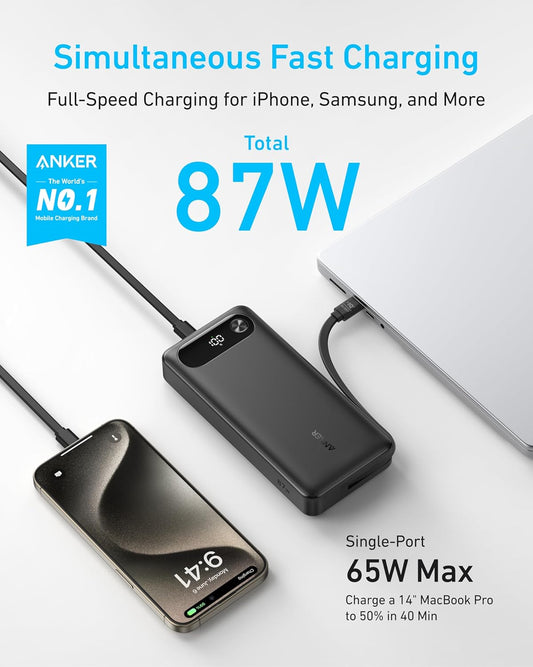 Anker Power Bank, 20,000mAh Portable Charger with Built-in USB-C Cable, 87W Max Fast Charging Battery Pack for Laptop, 2 USB-C and 1 USB-A, for MacBook, iPhone 16/15 Series, Samsung, Switch, and More - PuriLite
