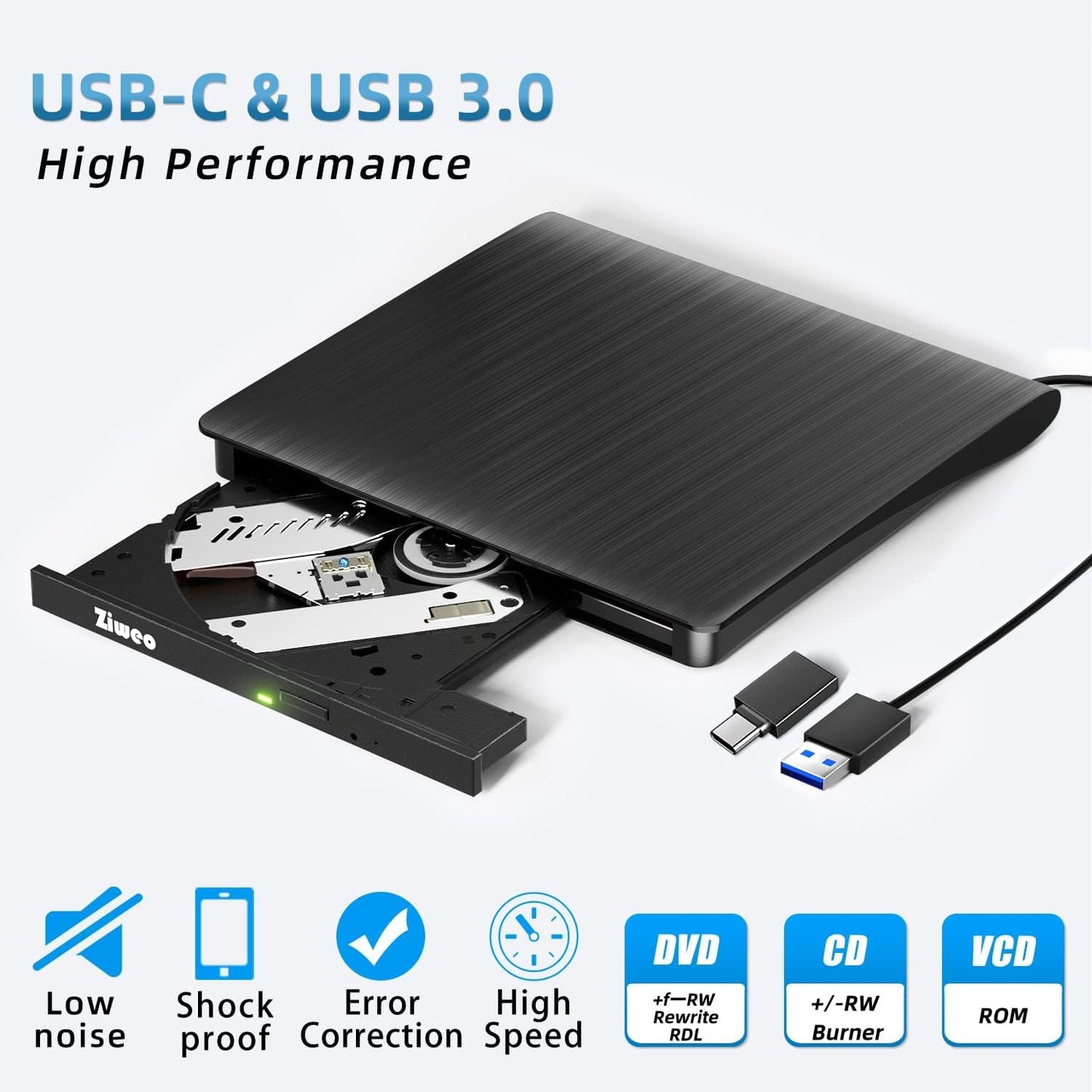 External DVD Drive USB 3.0 Type-C CD Burner Portable CD +/-RW Drive DVD Player for ROM Rewriter Burner Compatible with Laptop Desktop PC Windows MacBook Linux Mac OS - PuriLite