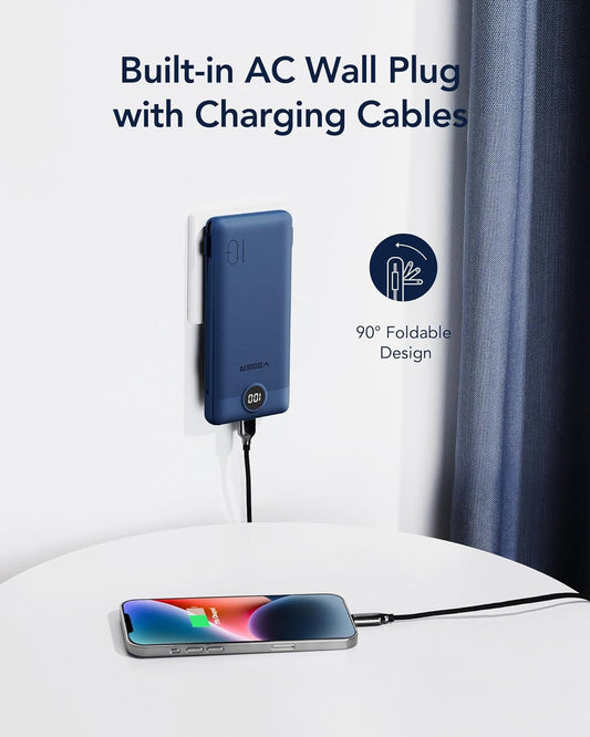 VEGER Portable Charger for iPhone Built in Cables and Wall Plug, 10000mah Slim Fast Charging USB C Power Bank, Travel Essential Battery Pack Compatible with iPhones, iPad, Samsung, and More(Navy) - PuriLite