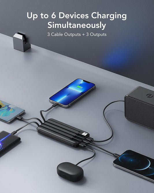 Charmast Power Bank with Built in Cable, 10000mAh USB C Battery Pack 6 Outputs 2 Inputs with LED Display Type C Powerbank Portable Charger Compatible with Smartphones Tablets and More (Black) - PuriLite