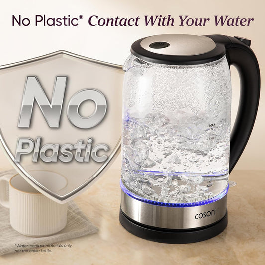 Electric Glass Kettle with Automatic Shut Off, 1.7L Borosilicate Glass Hot Water Kettle, Plastic-Free Interior, 1500W Fast Boil Tea and Coffee Kettle, Black - PuriLite