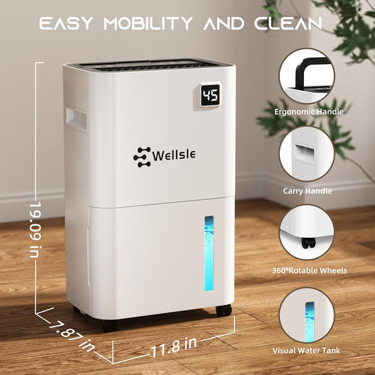 Wellsle 50 Pint Dehumidifiers for Basement & Bedroom with Smart Humidity Control, 24HR Timer, 0.66 Gallon Tank, Drain Hose for Continuous Drainage - Home Quiet Dehumidifier with 3 Working Modes - PuriLite