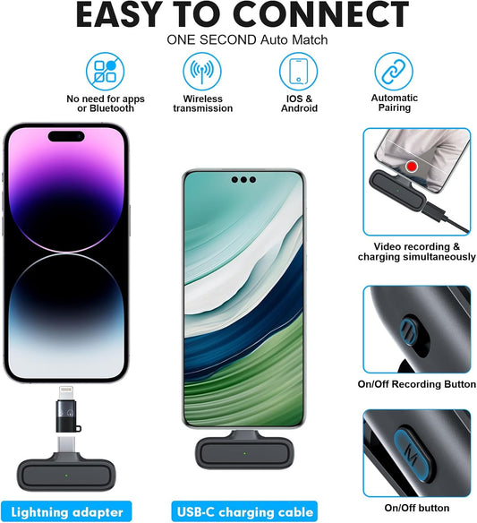 2-Pack Wireless Lavalier Microphone for iPhone iPad Android, Mini Microphone Included Charging Case & Jack Adapter, Noise Reduction Plug-Play Clip on Lapel Mic for Youtuber, Recording,Vlog, Facebook - PuriLite