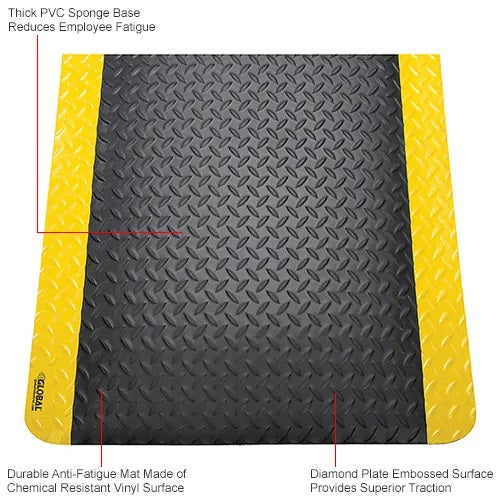 Global Industrial™ Diamond Plate Anti Fatigue Mat, 15/16" Thick, 2'W x 3'L, Black/Yellow Border - PuriLite