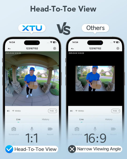 XTU Doorbell Camera Wireless Outdoor with Chime, 180° Head-to-Toe Pano View, 2K 3MP Video Doorbell No Subscription, 2.4GHz WiFi, Cloud/SD Storage, Work with Alexa & Google Assistant - PuriLite
