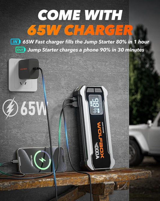 4000A Portable Car Jump Starter 12V Battery Booster with 65W Fast Charging, LED Display, Emergency Light, High-Capacity Power Bank for Gas and Diesel Vehicles - PuriLite