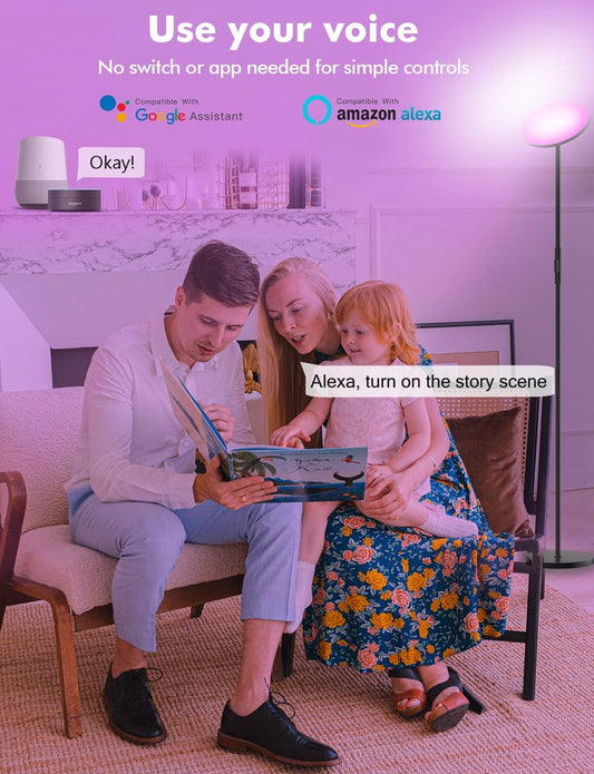 YHW Smart RGB LED Floor Lamp Works with Alexa Google Home, WiFi Remote Modern Tall Standing Light, Super Bright 2000LM Color Changing & Dimmable Sky Torchiere for Living Room, Bedroom (Black) - PuriLite