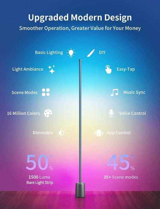 Ailofy Corner Floor Lamp, 1500lm RGBW Corner Lamp Work with Alexa & Google Assistant, 16 Million DIY Colors, Sync with Music, App Control, Modern LED Floor Lamp for Living Room & Bedroom, Black - PuriLite