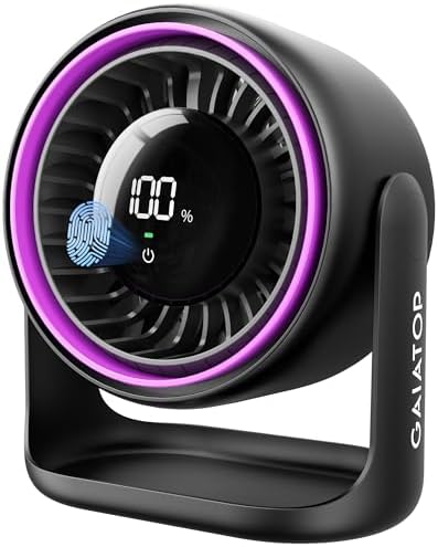 Gaiatop 7.7-Inch Rechargeable Desk Fan with Touch Control – Ultra Quiet USB-C Desktop Fan with 4000mAh Battery, 5 Speeds, LED Display & 90° Adjustable Tilt - PuriLite