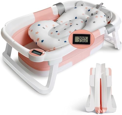 Befol Collapsible Baby Bathtub for Infants to Toddler, Portable Travel Bathtub Multifunctional Bathtub with Drain Hole, Baby Folding Bathtub for Newborn 0-36 Month (Blue+Floating Baby Bath Cushion Pink - PuriLite