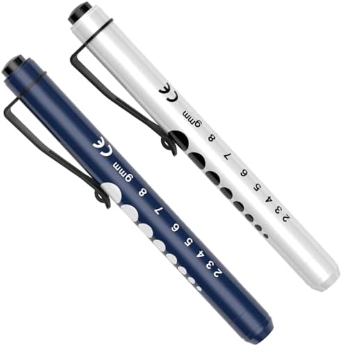 RISEMART Pen Lights for Nurses, 2 Pack Reusable Medical Light with Pupil Gauge and Ruler, White Light LED Penlight for Student Doctors EMT (Black/White) - PuriLite