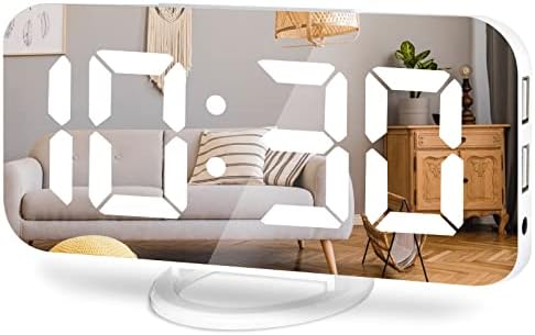 Digital Alarm Clock,Large LED Mirror Display, 2 USB Charging Ports,Auto Dim Mode,Modern Design Clock for Bedroom Office, White - PuriLite