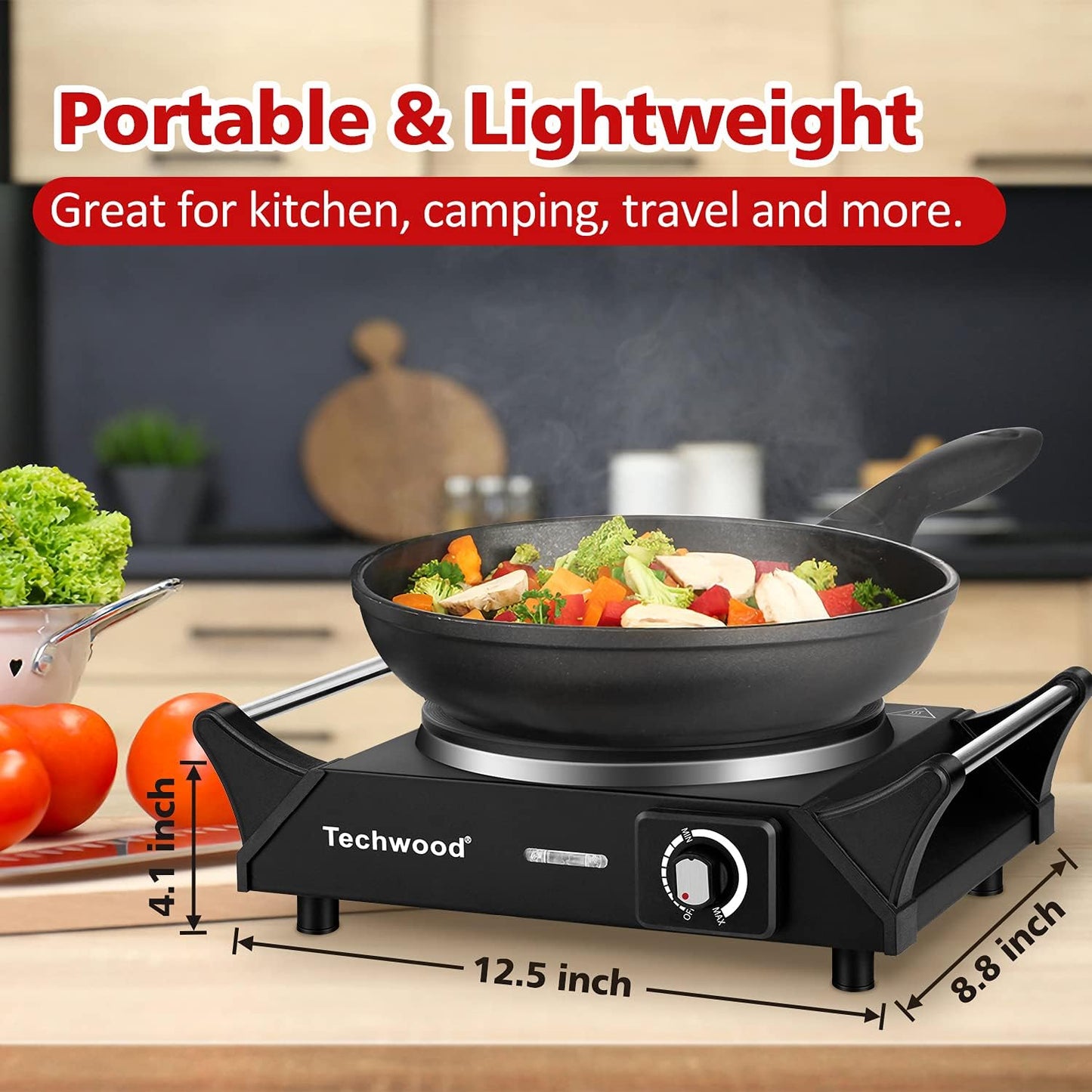Techwood Hot Plate Electric Single Burner Portable Burner, 1500W with Adjustable Temperature, Stay Cool Handles, Non-Slip Rubber Feet, Black Stainless Steel Easy to Clean, Upgraded Version - PuriLite