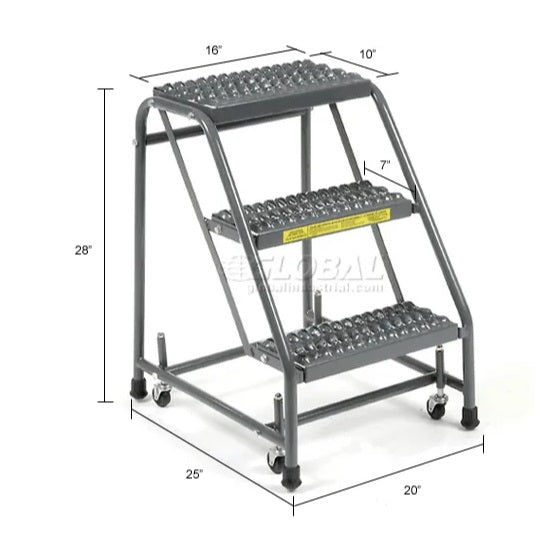 Grip 16"W 3 Step Steel Rolling Ladder 10"D Top Step - 318G - PuriLite